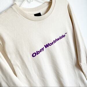 Obey Worldwide Cream Purple Logo Long Sleeve Tee Shirt Small